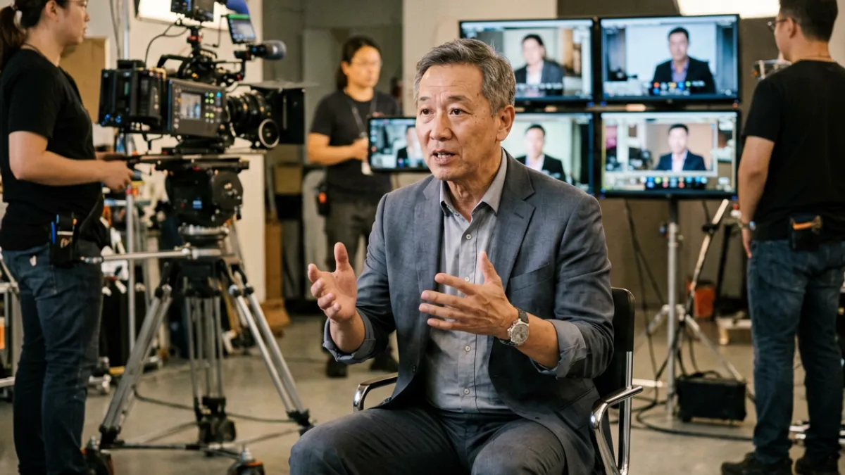 红桃MV视频导演接受媒体专访现场照片，背景为摄影棚灯光设备与监视器
