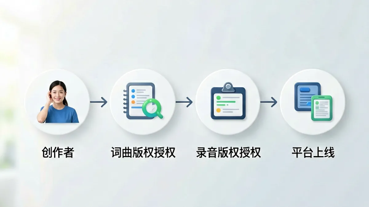 红桃MV视频版权授权流程示意图，展示词曲版权与录音版权两个授权节点