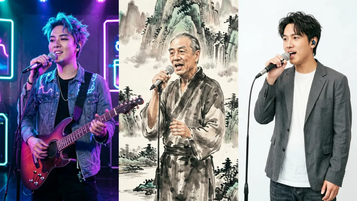 红桃MV视频门户首页主视觉：多位歌手在不同风格布景下拍摄MV的拼图，展示流行、国风、电音等多种影像风格