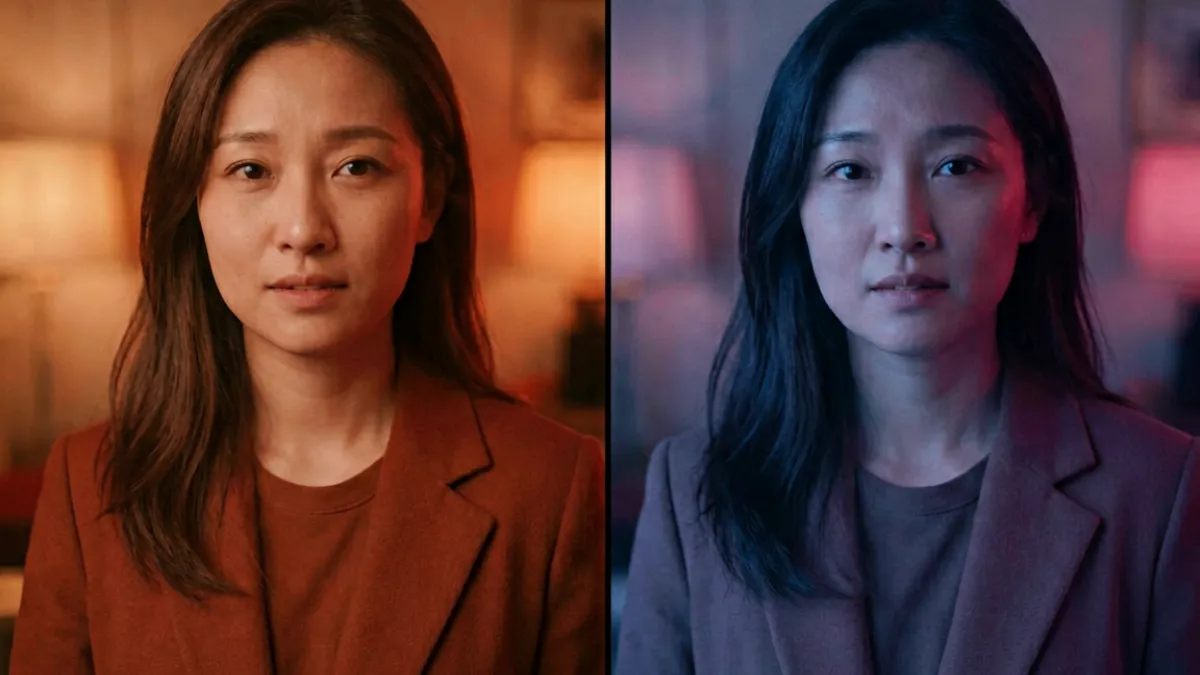红桃MV视频中段色彩漂移的对比分析图，左侧暖红与右侧冷红形成情绪转折的视觉标记