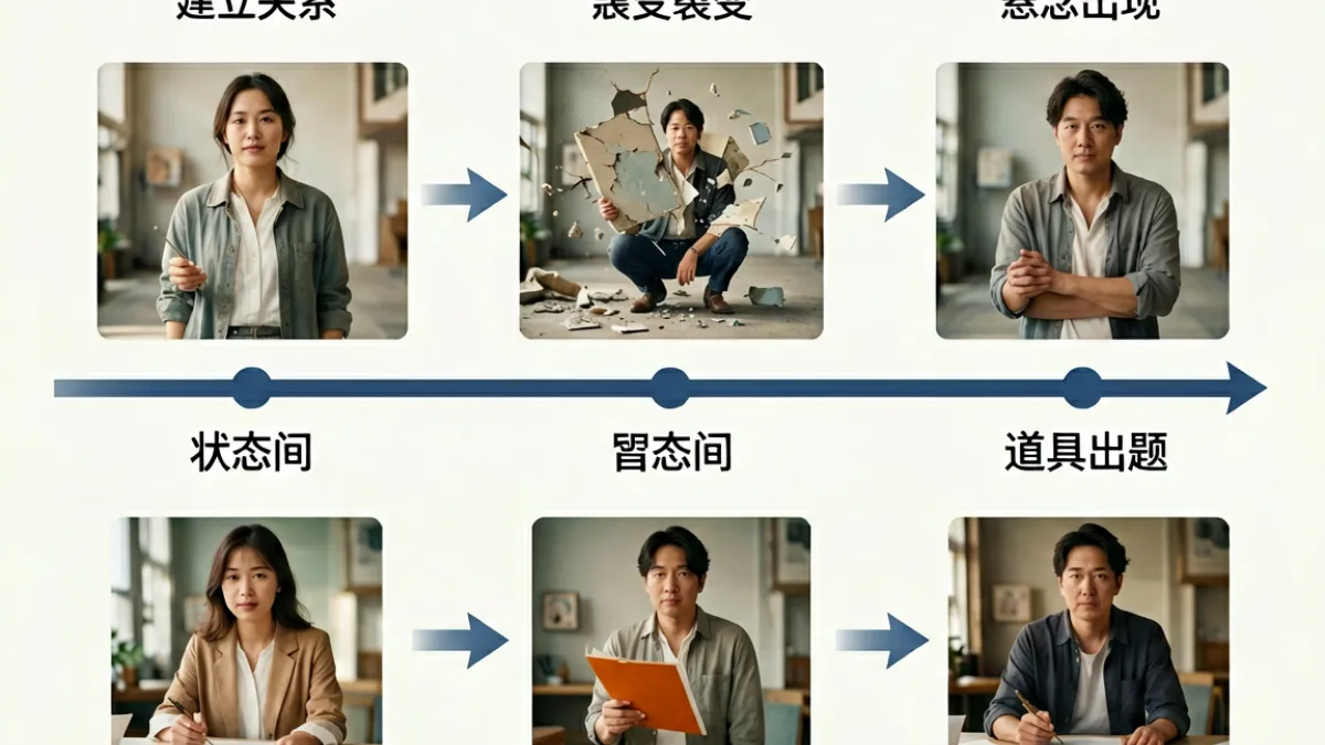 红桃MV视频叙事结构示意图，标注三个叙事段落的时间节点与道具出现的对应关系